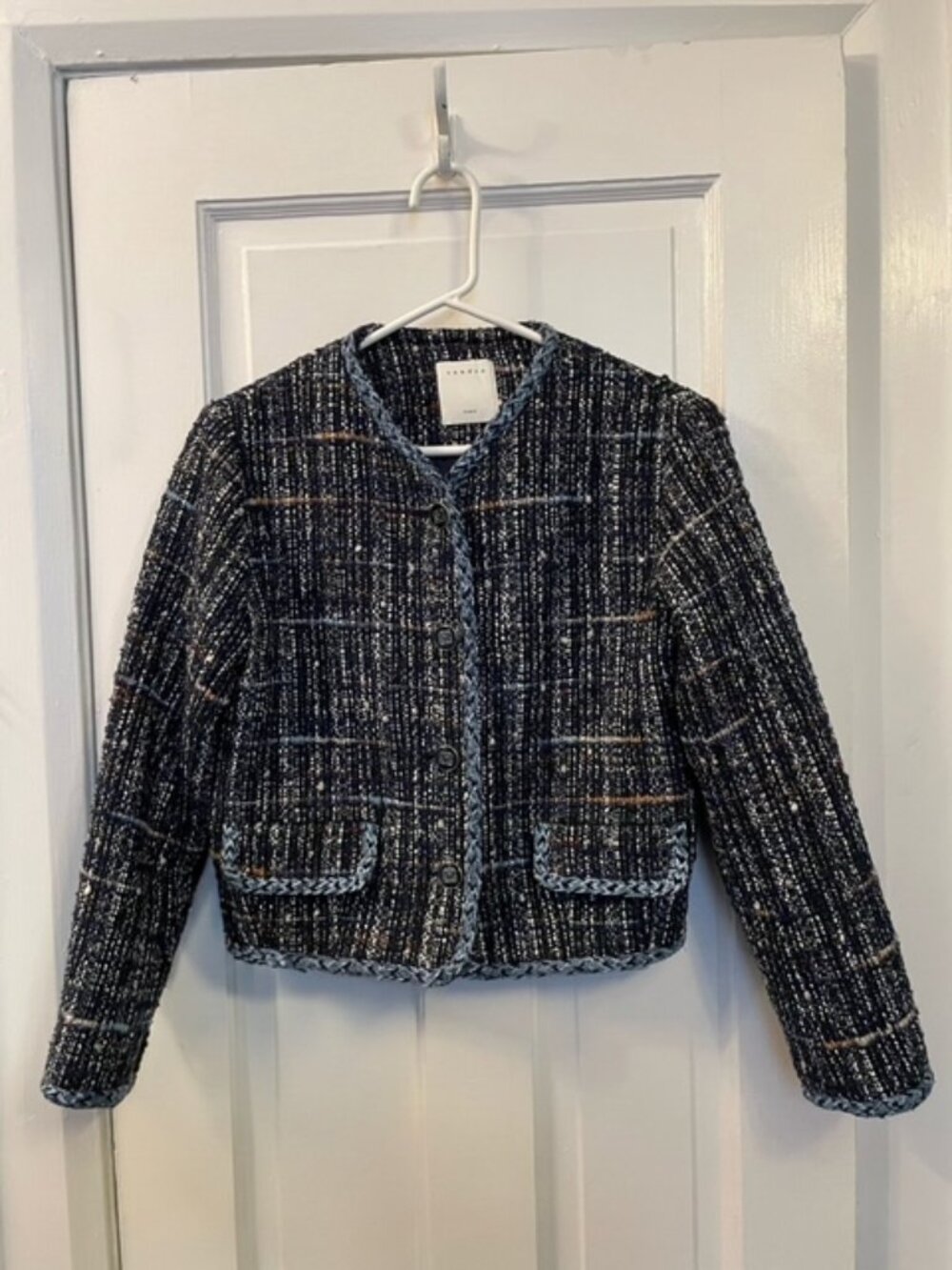(NWT) Sandro Paris Mareva Short Tweed Chanel Style Jacket. Blue Marine Size 34